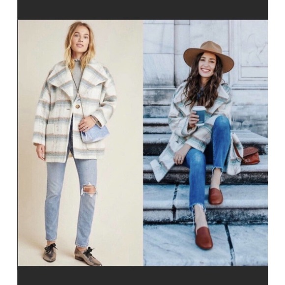 New ANTHROPOLOGIE Elsa •XS P Petite•Cream Blue Plaid Fuzzy Oversized Coat Jacket - Picture 2 of 11